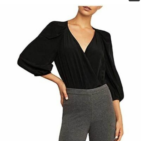 BCBG Bodysuit Black Pleated-Shoulder Faux-wrap - Picture 2 of 9
